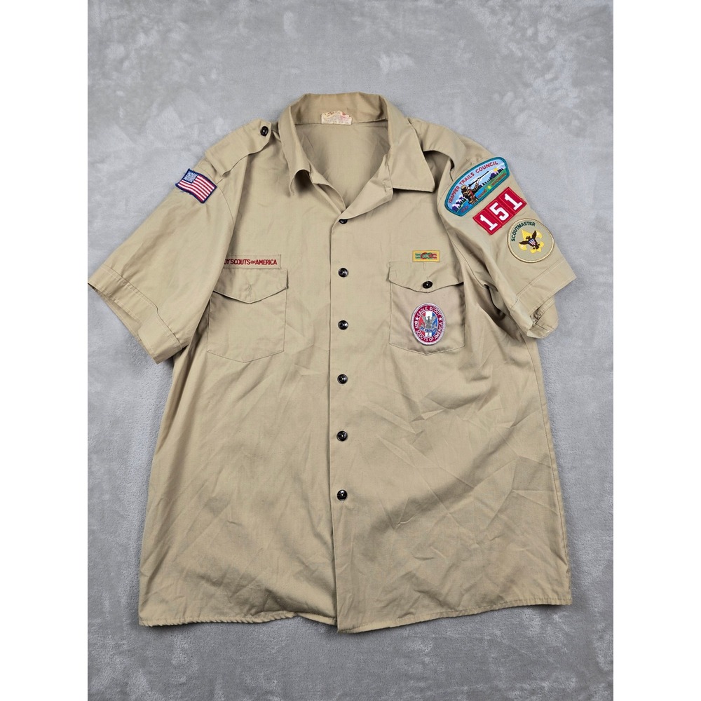 Boy Scouts of America Uniform Shirt Mens XL Tan Trapper Trails Council Patches